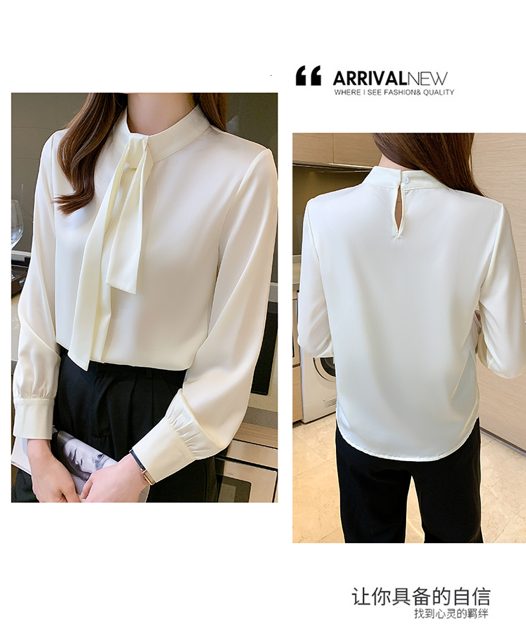 Womens Blouses Shirts Summer Shirt Women Blouse Long Sleeve Top Satin Casual Fashion Ribbon Bow Lady Clothing Movafag 230509