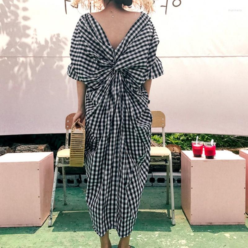 Party Dresses Summer Dress Women Vintge Plaid Long Lady Vestidos Loose V Neck Back Bows Holiday Casual Beach CC240, Black 
Party Dresses Summer Dress Women Vintge Plaid Long Lady Vestidos Loose V Neck Back Bows Holiday Casual Beach CC240, Black