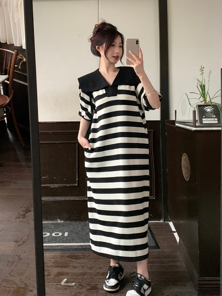 Casual Dresses Korejpaa Casual Striped Sailor Collar Dresses Summer Korean Fashion Loose Waist Women Clothing Short Sleeve Vestidos Femme 230509