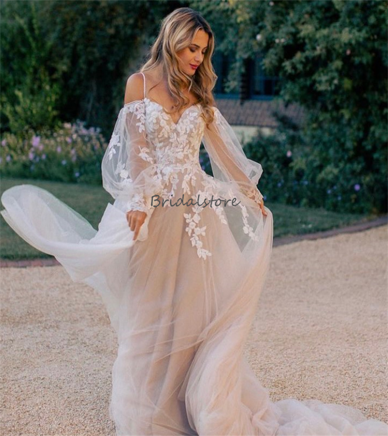 Stunning Boho Wedding Dress 2023 With Lace Poet Sleeve A Line Tulle Bohemain Country Wedding Gowns Sweetheart Korean Bridal Wear vestidos de novia rob