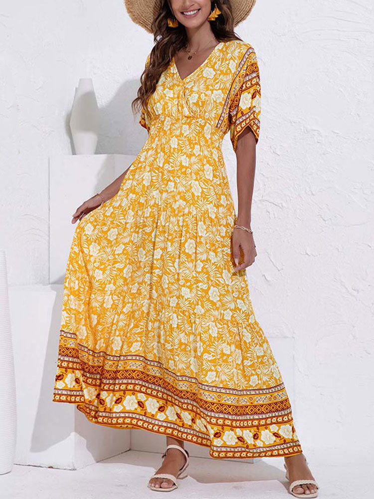 Casual Dresses Summer Viscose Maxi Boho Dress Women Elegant Long Floral Dress Ladies Flower Print Bohemian Party Dress For Women 230509