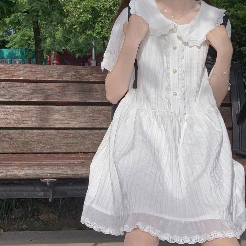 Casual Dresses QWEEK Kawaii White Lolita Dress Women Soft Girl Sweet Princess Ruffle Elegant Dresses Peter Pan Colalr Button Summer 230509