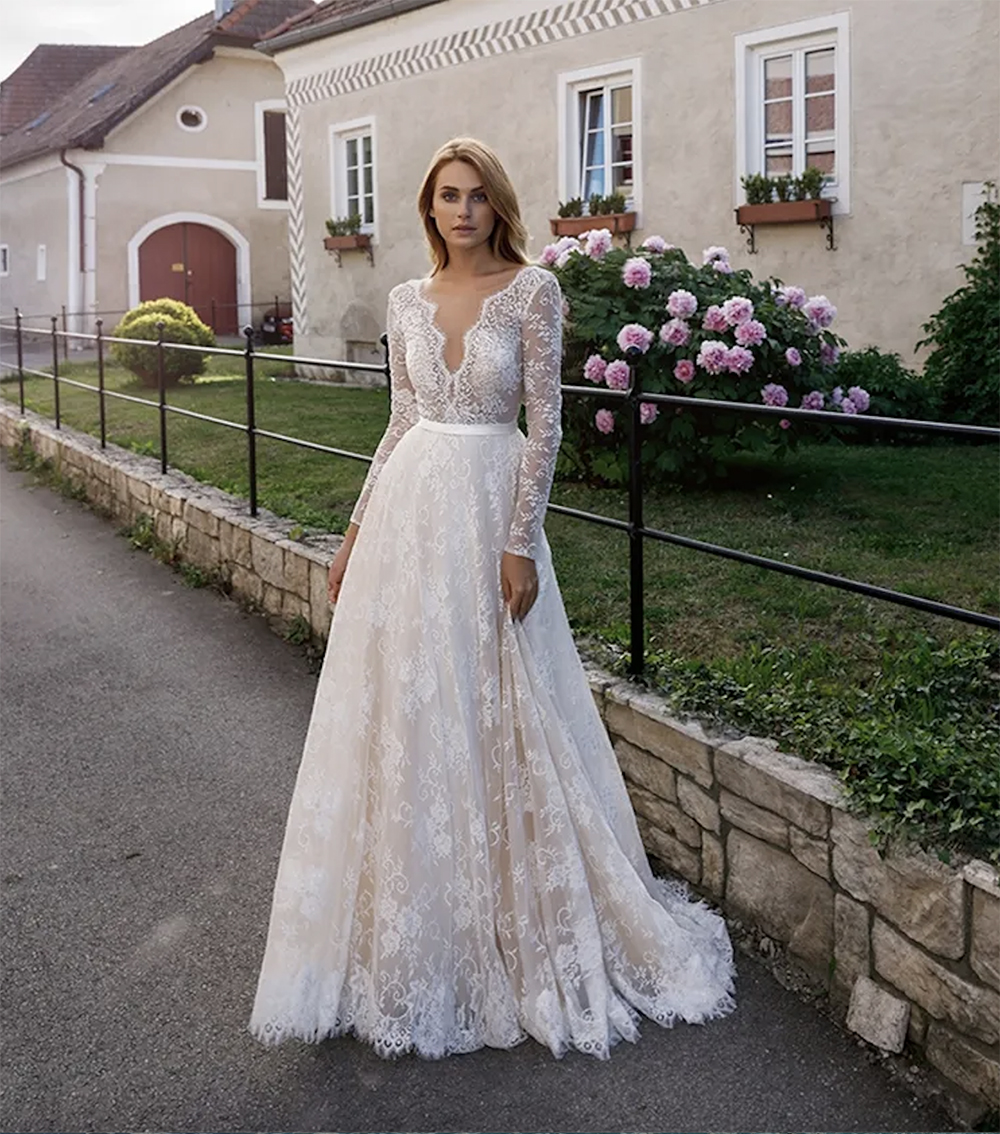 Boho Wedding Dress Full Lace Bohemian Long Sleeve V Neck Champagne Lining A Line Bridal Gowns Vestidos De Noiva Custom Size 0509