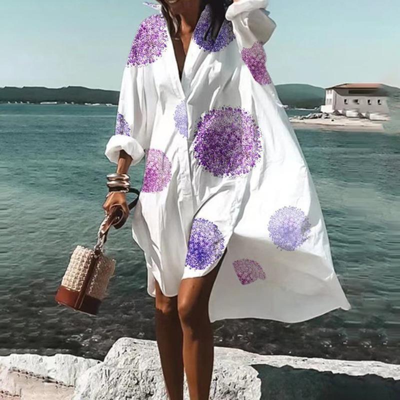 Party Dresses Autumn Summer Fashion Womens Shirts Casual Printed Lapel Long Sleeve Buttons Irregular Beach Sexy 230508