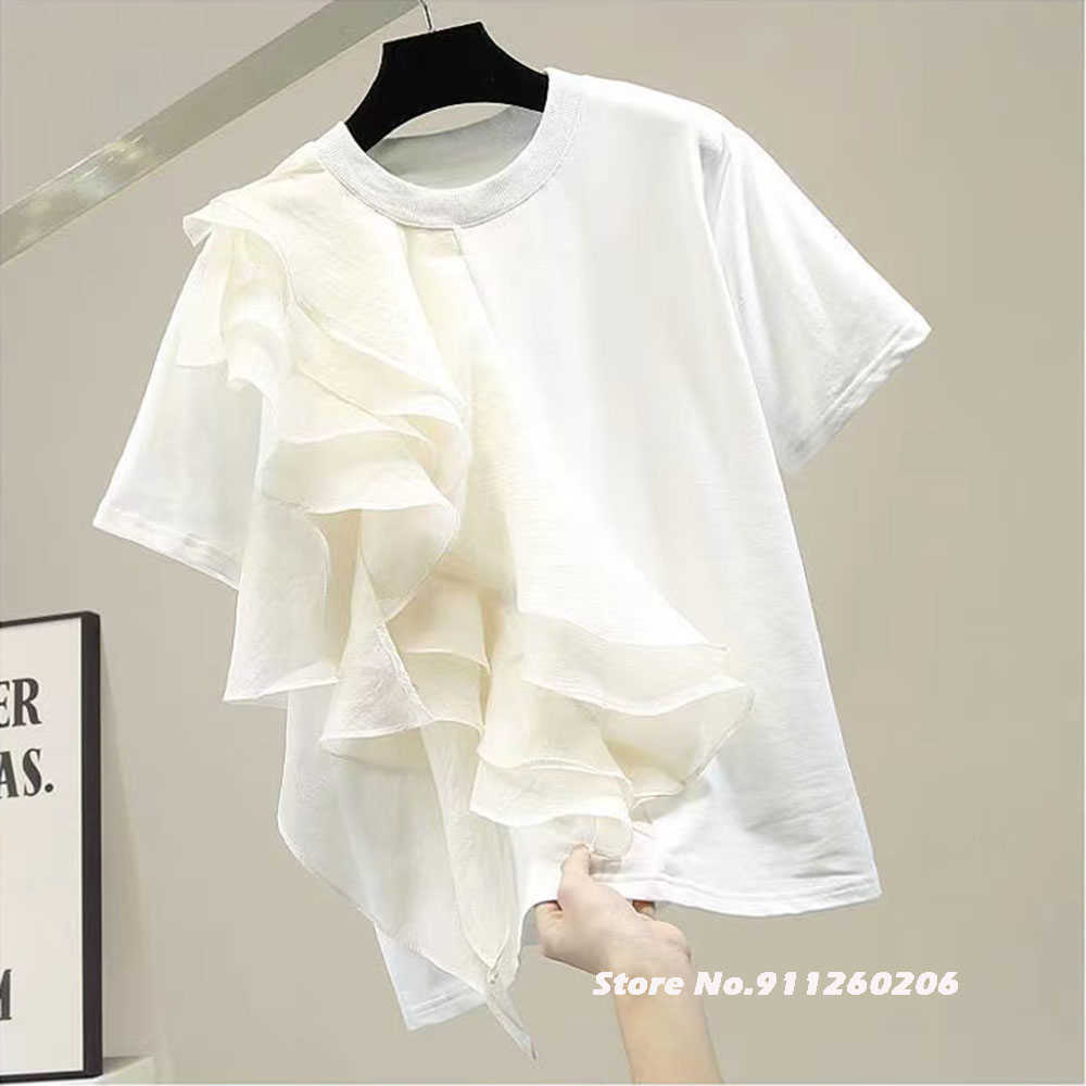 Women's T-Shirt Patchwork Ruffle White Tops For Women O Neck Short Sleeve Casual T Shirt Female Fashion New Clothing 2022 Summer J230506