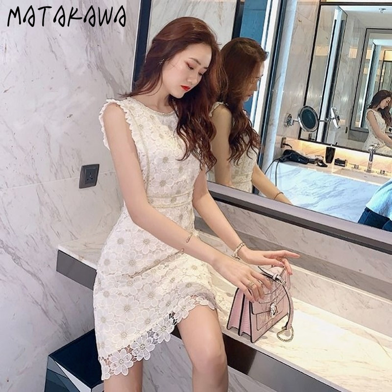 Casual Dresses Matakawa Midi Dress Korean O Neck Sleeveless Lace Robe Femme Summer Elegant Slim Waist Bodycon Dresses Patchwork Pearl Vestido 230509
