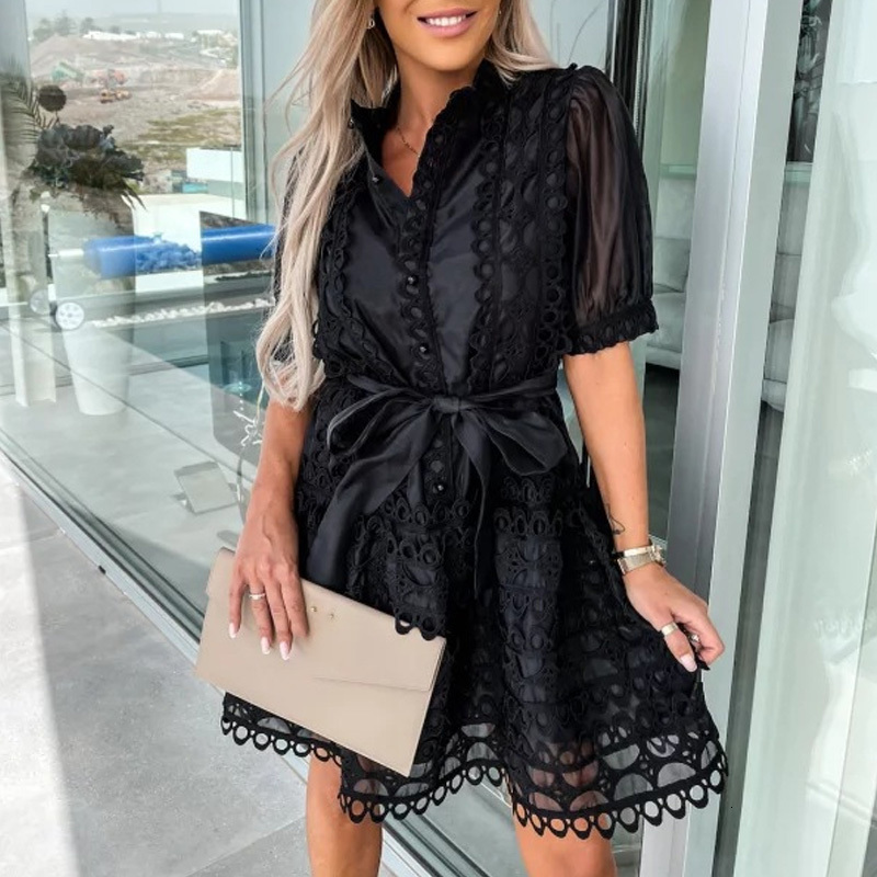 Casual Dresses Elegant Hollow Solid Lace Dress Summer Short Sleeve Lace-up Party Mini Dress Women Stand Collar Single Breasted Shirt Dress 230509