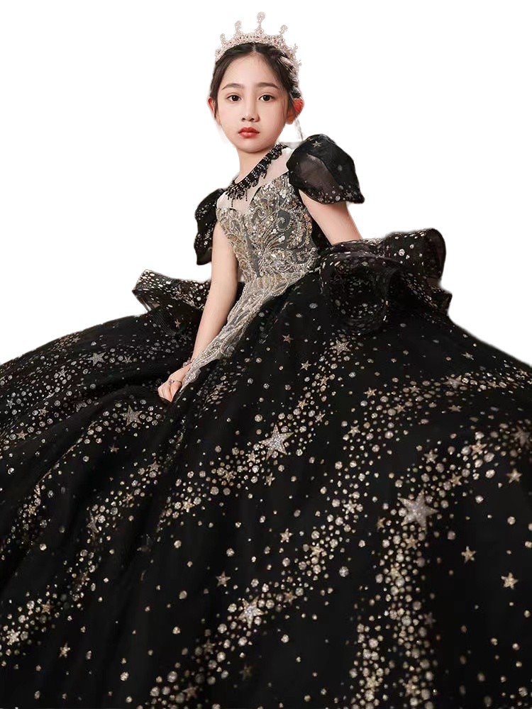 Ball Gown Girls Pageant Dresses Gold Black Crystal Necklace Princess Flower Girl Dress For Wedding Sequined First Holy Communion Toddler Party Gowns 4