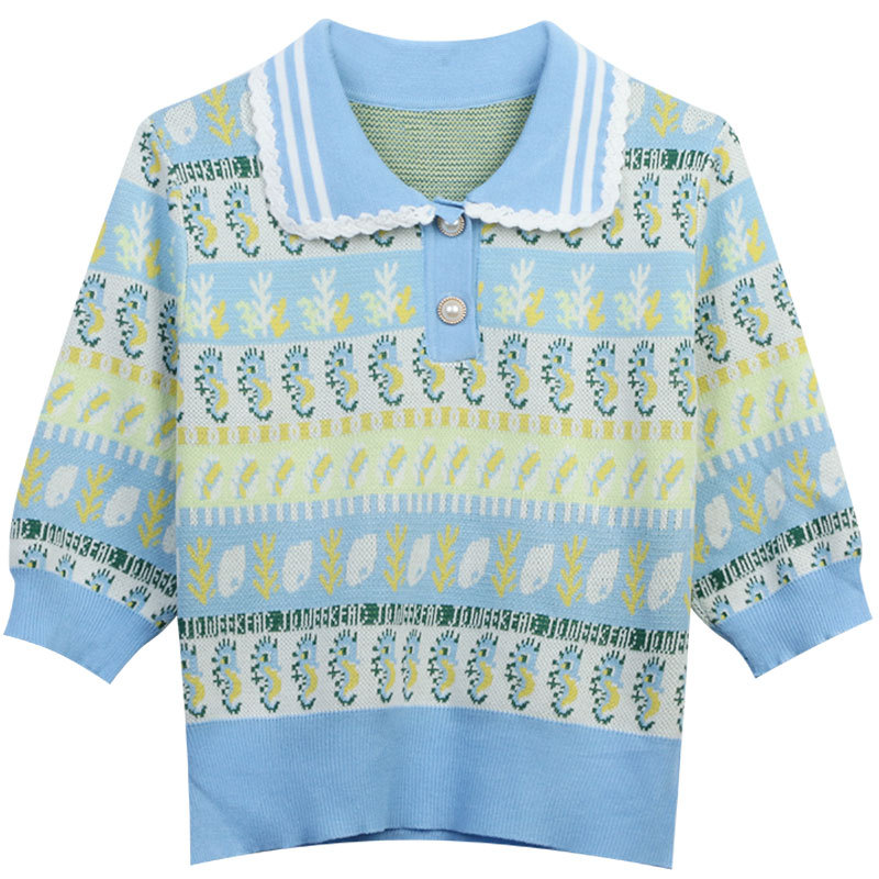 427 2023 Runway Summer Brand SAme Style Sweater Short Sleeve Pullover Lapel Neck Blue Fashion Clothes High Quality Womens mingmo
427 2023 Runway Summer Brand SAme Style Sweater Short Sleeve Pullover Lapel Neck Blue Fashion Clothes High Quality Womens mingmo