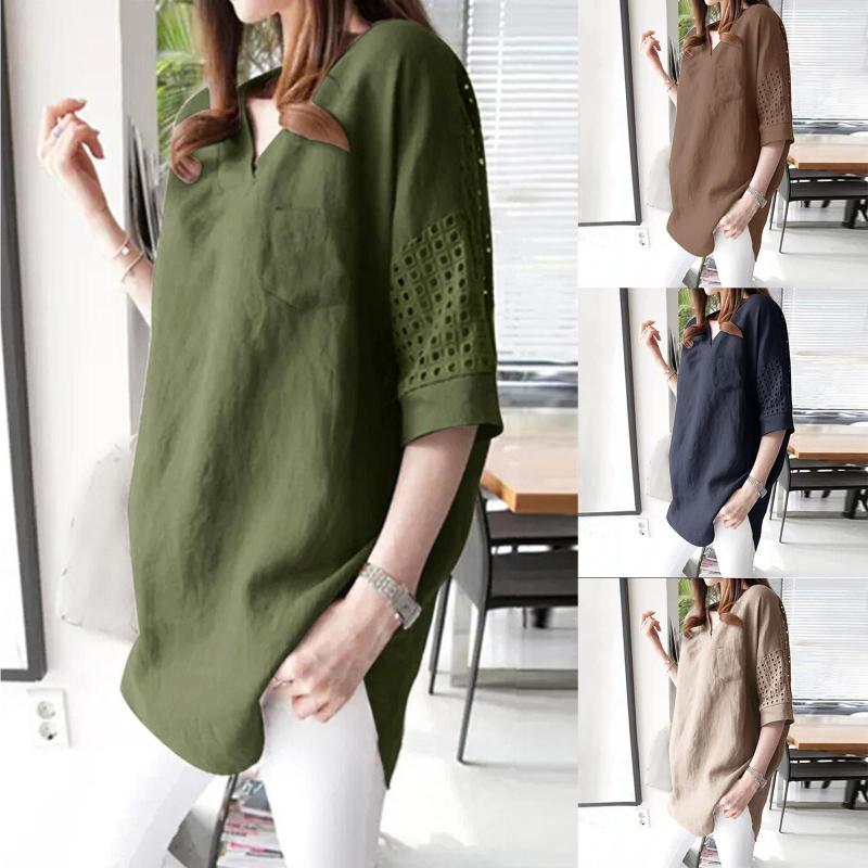 Women' Blouses Women' Printed Patchwork Buttons V Neck Cotton Blouse Shirt, Khaki