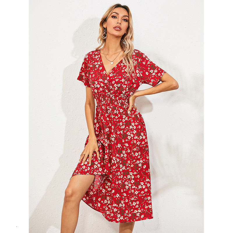 Casual Dresses Chiffon Dress Summer Dress Retro Yellow Red Floral Print Female Casual V-neck Short-sleeved A-line Beach Long Robe Dress 230509