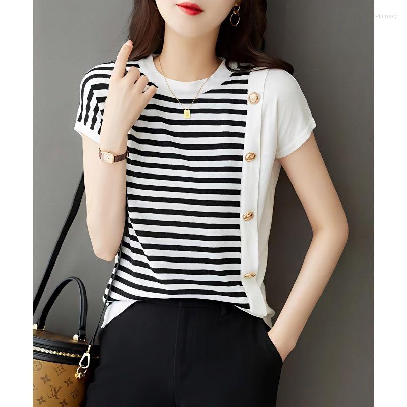 

Women's Blouses Fashion O-Neck Button Spliced Loose Striped Blouse Female Clothing 2023 Summer All-match Casual Pullovers Asymmetrical Shirt, Black