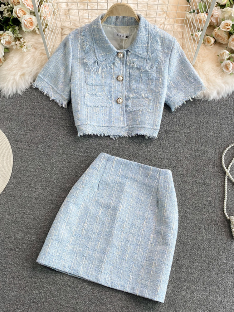 Two Piece Dress Summer Fashion Tweed 2 Set For Women Korean Single Breasted Tassle Short Sleeve Tops And High Waist Bodycon Mini Skirt 230509, Blue skirt
Two Piece Dress Summer Fashion Tweed 2 Set For Women Korean Single Breasted Tassle Short Sleeve Tops And High Waist Bodycon Mini Skirt 230509, Blue skirt