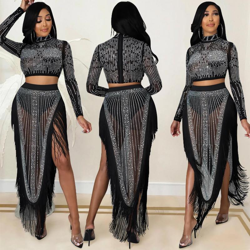 Work Dresses Sexy Mesh Drilling See Through Skirt Set Women Crystal Long Sleeve Top And Maxi Suits Clubwear Outfits, Black
Work Dresses Sexy Mesh Drilling See Through Skirt Set Women Crystal Long Sleeve Top And Maxi Suits Clubwear Outfits, Black