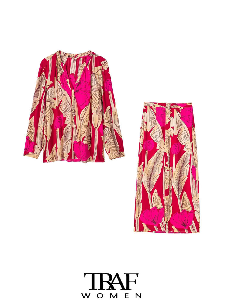 Two Piece Dress TRAF Women Fashion Floral Print Shirts And High Waist Front Button Skirts Female Sets Mujer 230509, Beige 
Two Piece Dress TRAF Women Fashion Floral Print Shirts And High Waist Front Button Skirts Female Sets Mujer 230509, Beige