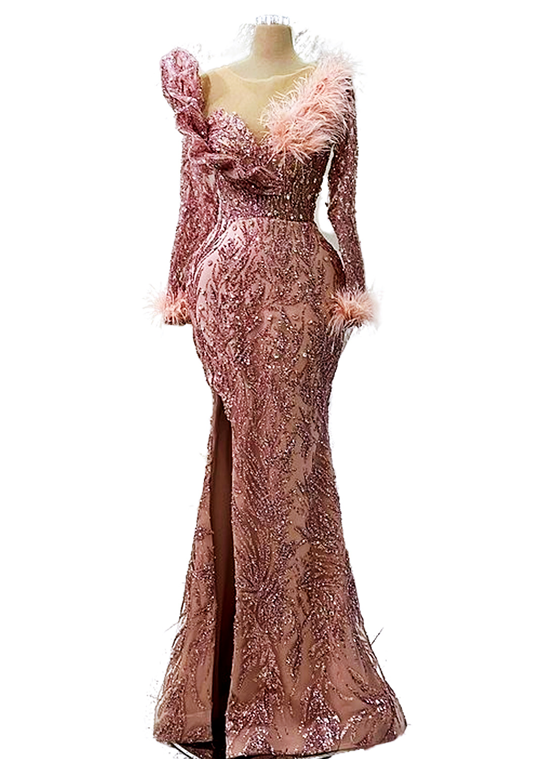 Aso Ebi 2023 Arabic Pink Mermaid Prom Dress Feather Crystals Evening Formal Party Second Reception Birthday Engagement Gowns Dresses Robe De Soiree Sh