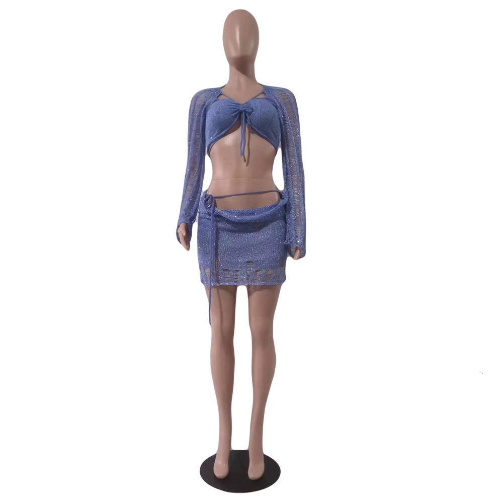 Two Piece Dress Knit Sequin 2 Set Crochet Knitted Skirt Sets Summer Women Clothes Sexy Crop Tops Elegant Outfit 230509