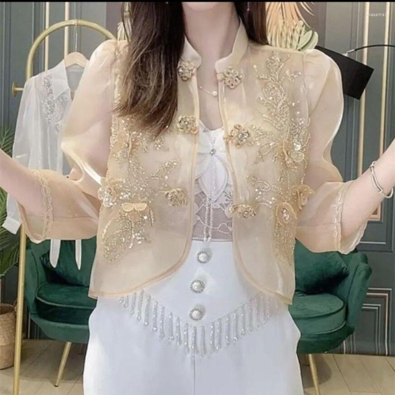 Women' Jackets Women' Summer Three Quarter Sleeve Stand Collar Chinese Retro Buttons Embroidery Beading Paillette Organza Coat, White
Women' Jackets Women' Summer Three Quarter Sleeve Stand Collar Chinese Retro Buttons Embroidery Beading Paillette Organza Coat, White