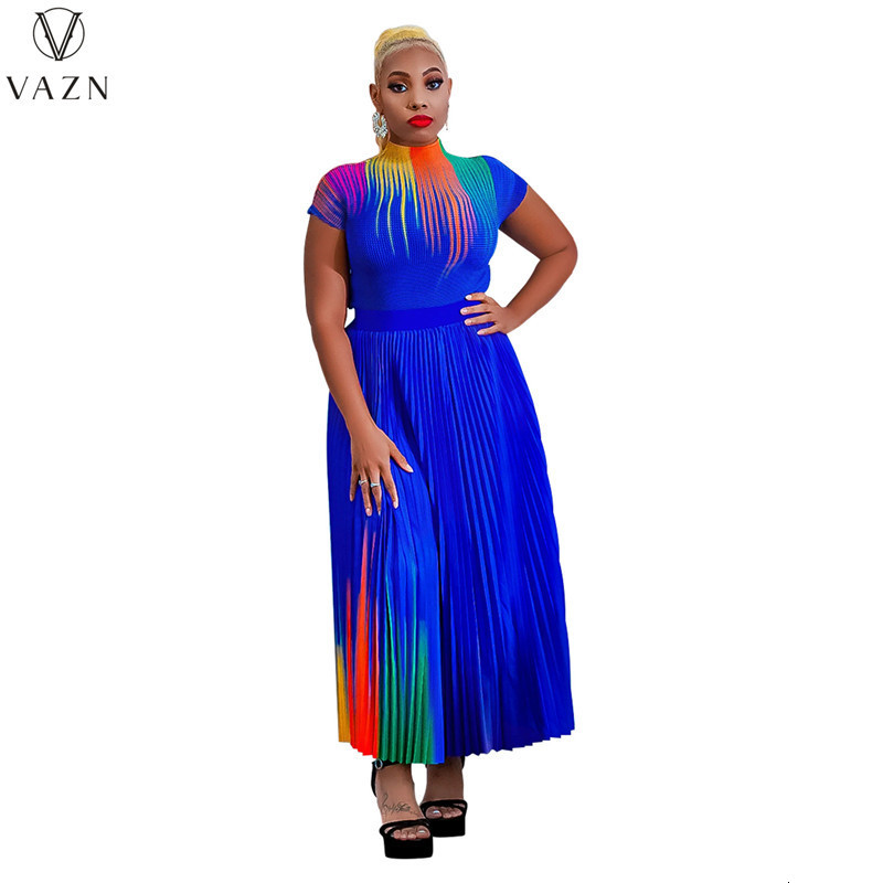 Two Piece Dress VAZN Casual Holiday Style Short Sleeve Round Neck Top Elastic Ankle Length Skirt Printed Lady 2 Piece Sets 230509