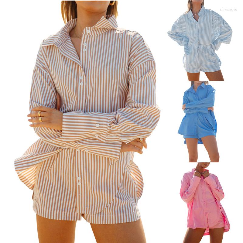 Women' Tracksuits Women Casual Shorts Set Striped/Solid Color Long Sleeve Loose Shirt With Elastic Waist Summer Outfits
Women' Tracksuits Women Casual Shorts Set Striped/Solid Color Long Sleeve Loose Shirt With Elastic Waist Summer Outfits