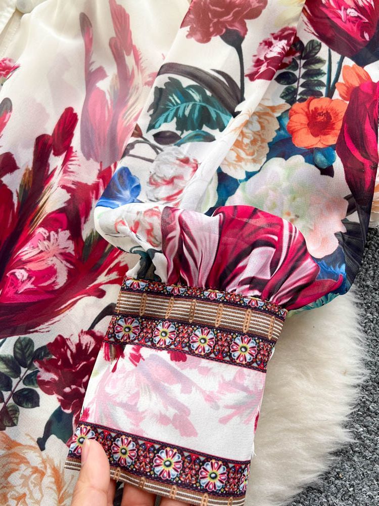 Casual Dresses Fashion Runway Gorgeous Flower Chiffon Cascading Ruffles Dress Women Deep V Neck Long Sleeve Floral Print Boho Robe Vestido 230509