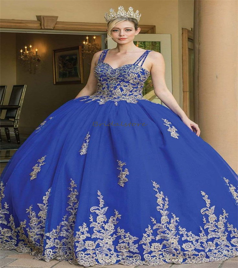Princess Blue Quinceanera Dresses 2023 Sweet 15 Years Old Prom Dress Spaghetti Straps Appliques Lace Dance Formal Pageant Gowns Sweet 16 Birthday Wear