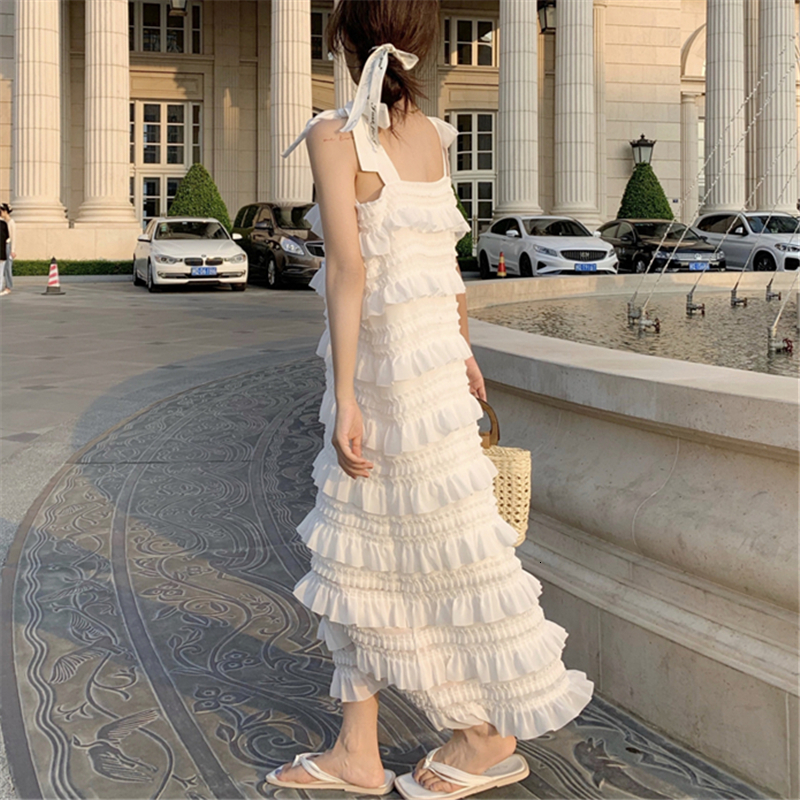 Casual Dresses Long Dress Summer Fashion Loose High Waist Strap Sleeveless Black Strapless Maxi Dresses Fairy Trendy White Cake Skirt 230509