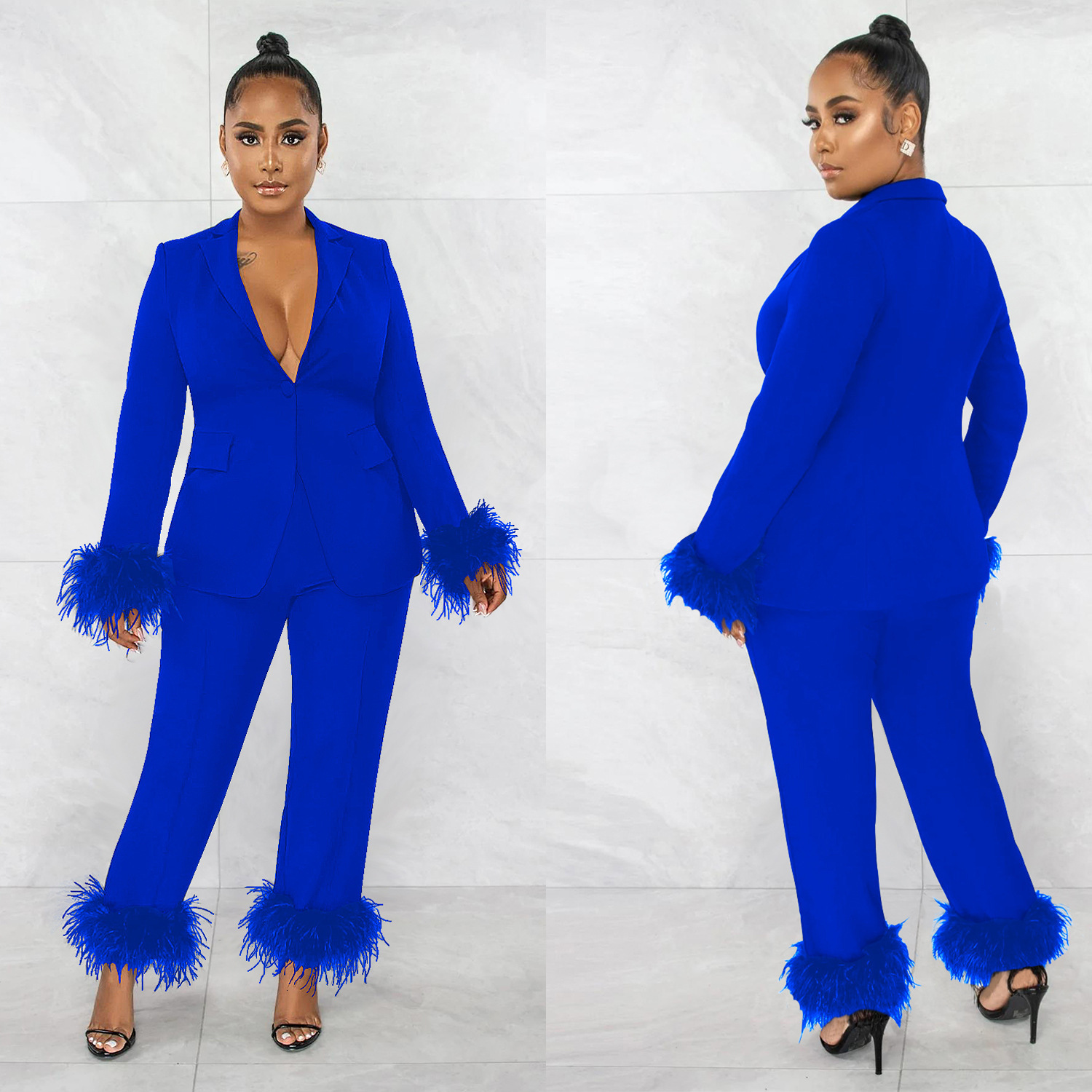 Women's Two Piece Pants Fashion Feather Blazer Set Women Solid Color Long Sleeve Coat Straight Suits Female Office Commute Suit 230314