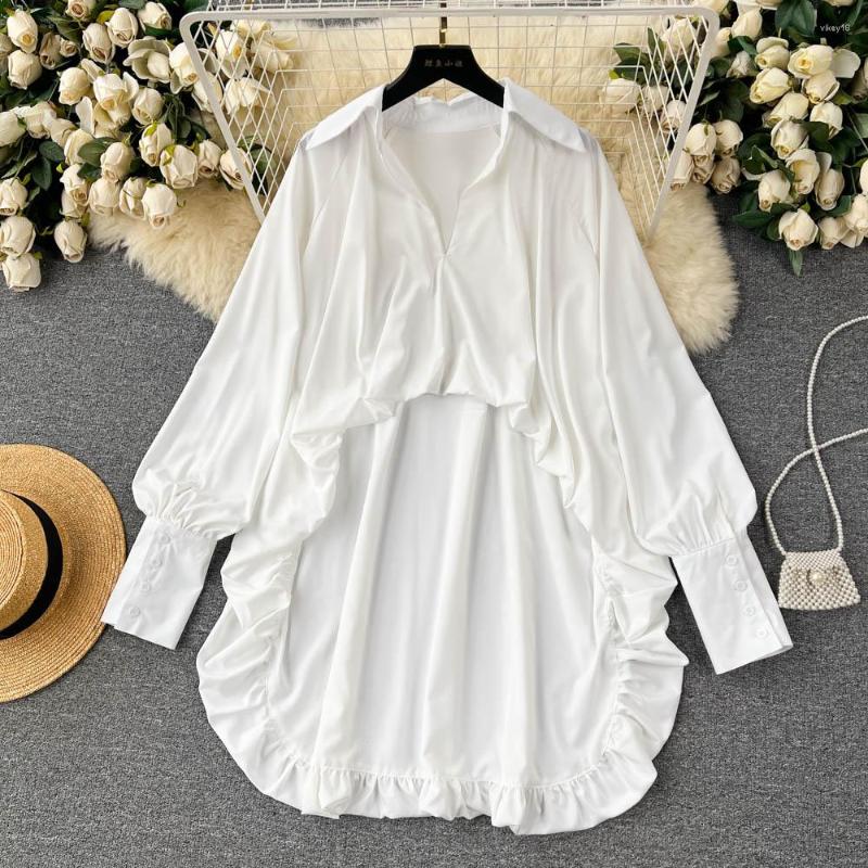 Women's Blouses Spring White Satin Polo Neck Shirt Long Sleeve Loose Top