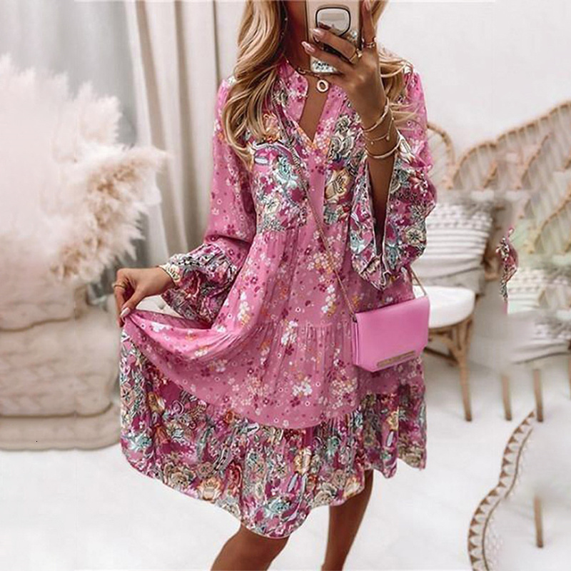 Casual Dresses Spring Ruffle Women Party Dress Loose V Neck Beach Pullover Dress Casual Elegant Retro Floral Print Flare Sleeve Mini Dress 230509