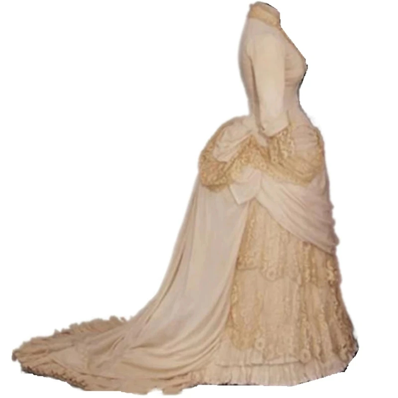 Vintage Victorian Prom Dresses Kahki Champagne Bustle Lace Pleats Long Sleeves Formal Evening Gowns For Women Medieval Cosplay Outfit 2023