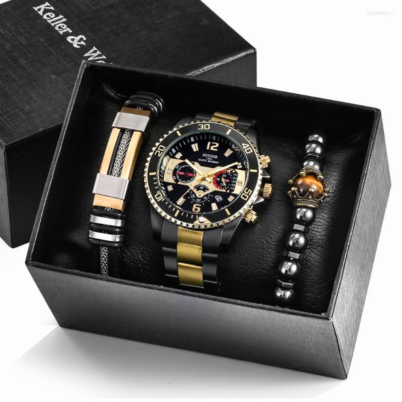 Wristwatches Male Quartz Wristwatch Gifts Set Luxury Black-Golden Watches Bracelet Gift For Husband Crown Bead Bracelets Watch Reloj Hombre, Watch gifts set 4