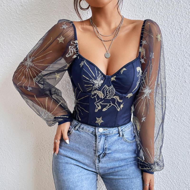 Women' T Shirts Spring Square Collar Sheer Mesh Tops Women Embroidery Tulle Blouse Fashion Streetwear Chic Blouses Elegant French Top, Blue
Women' T Shirts Spring Square Collar Sheer Mesh Tops Women Embroidery Tulle Blouse Fashion Streetwear Chic Blouses Elegant French Top, Blue