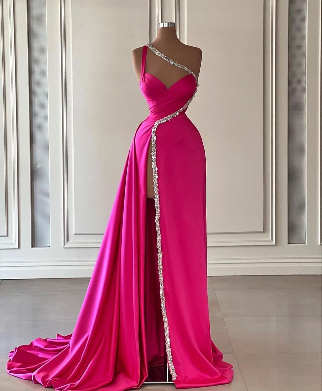 Pink Prom Slit Beads Decor satin Evening Dresses elegant Pleats Long Special Ocn dress