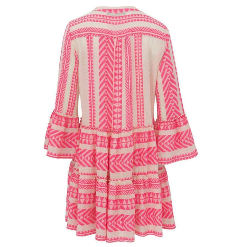 Casual Dresses Elegant Geometric Print Striped Women Long Flare Sleeve Ruffled V Neck Aline Mini Vestido Boho Loose 230509