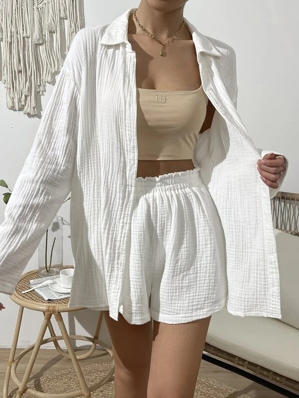 Women's Sleepwear 2 Pcs Shorts Set Cotton Pajamas for Women TurnDown Collar Sleep Tops Suits with Gauze Cardigan Homewear Summer 230508, Rose red
Women's Sleepwear 2 Pcs Shorts Set Cotton Pajamas for Women TurnDown Collar Sleep Tops Suits with Gauze Cardigan Homewear Summer 230508, Rose red
