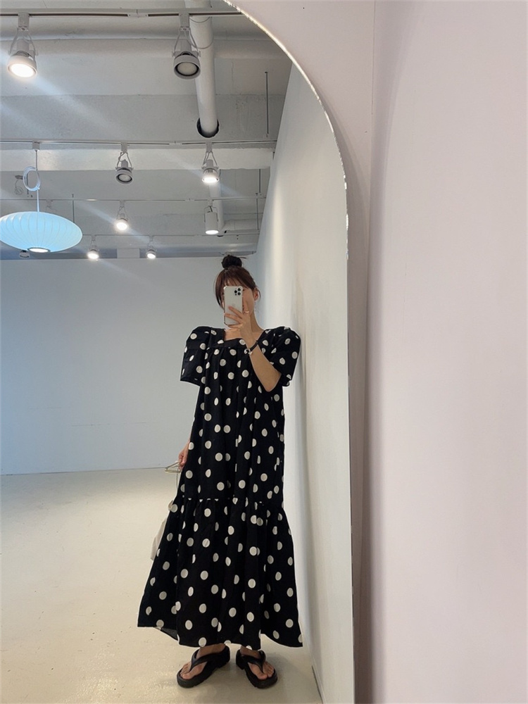 Casual Dresses Summer Fashion Women Puff Sleeve Polka Dot Dress Casual Office Loose Black Dress Korea Ladies Womens Pullover Long Print Dresses 230509