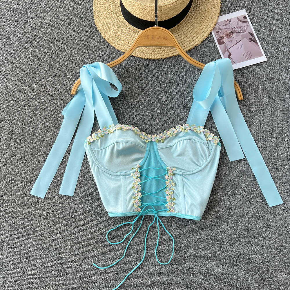 Women's Tanks Camis Women Summer Fairy Satin Patchwork Print Camis Bow Ribbons Tank Top Sexy Lace Up Hollow Out Corset Slash Neck Floral Crop top