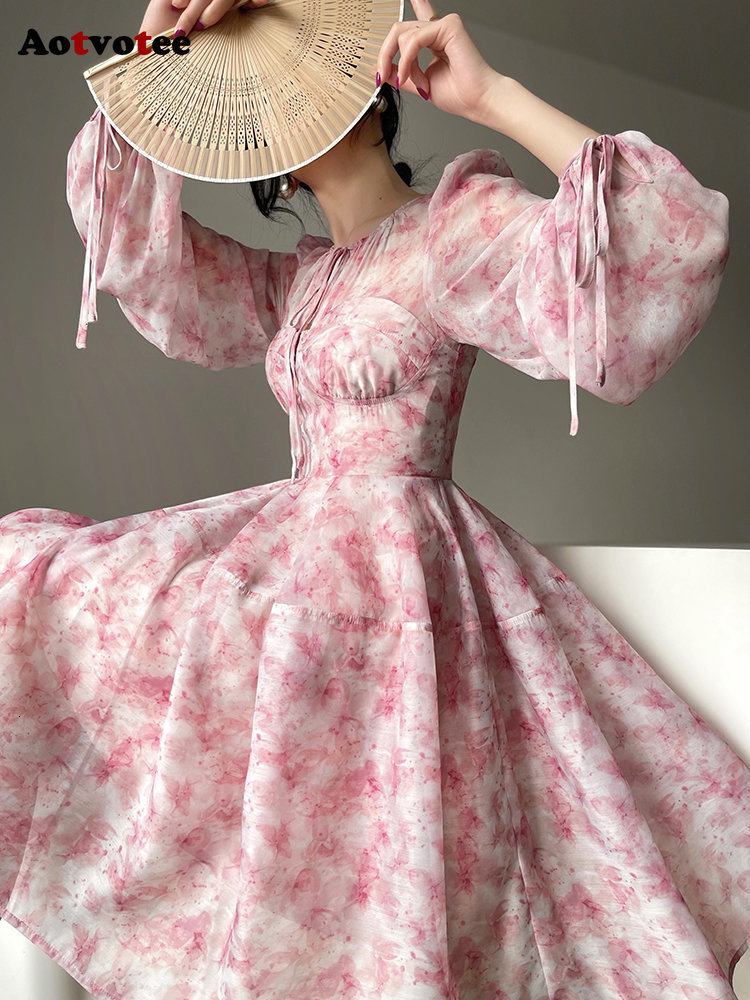 Party Dresses Floral Mini For Women High Wiasted French Style O Neck Long Sleeve A Line Casual 230508