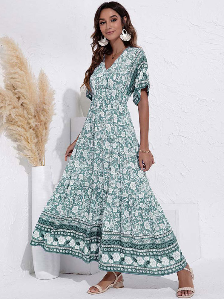 Casual Dresses Summer Viscose Maxi Boho Dress Women Elegant Long Floral Dress Ladies Flower Print Bohemian Party Dress For Women 230509