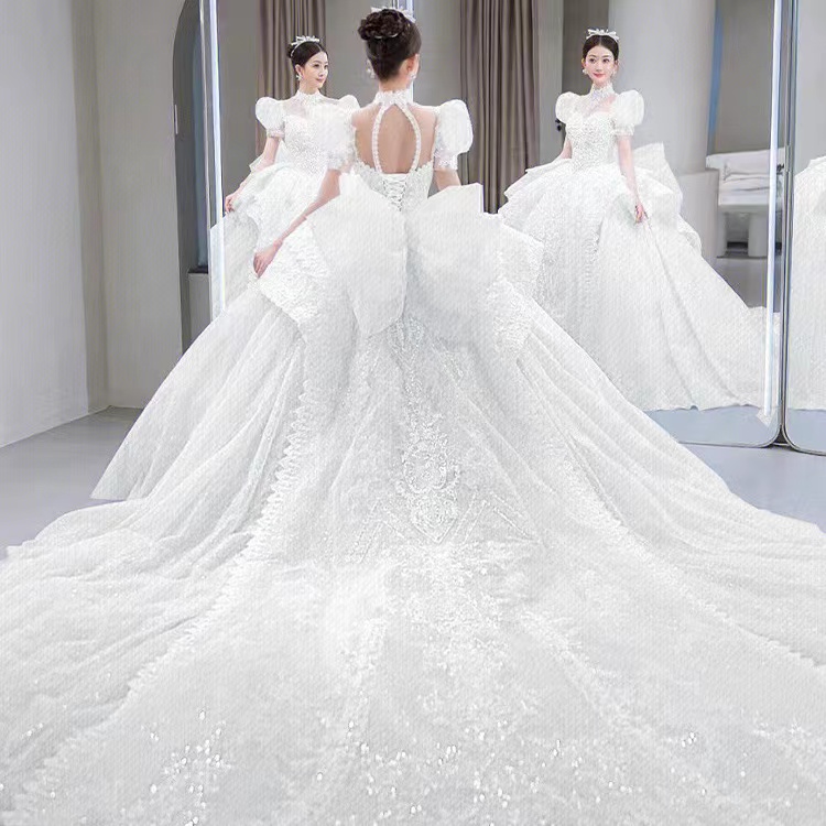 Dubai With Long Crystal Pearls Puffy Ball Gowns Robe De Mariee Wedding Dresses urious Lace Appliques Bridal Gown Custom Made