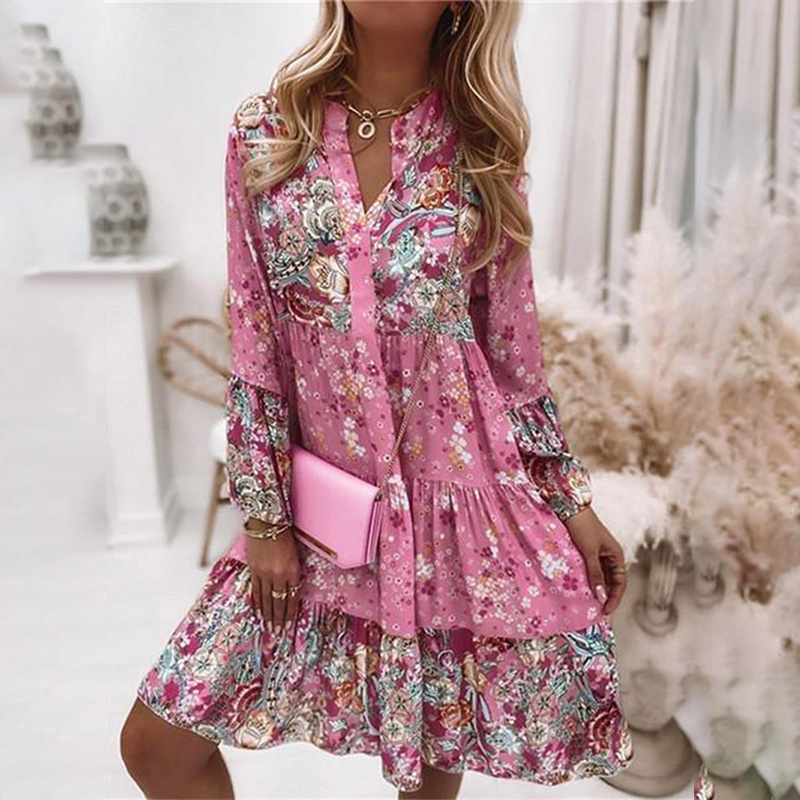 Casual Dresses Spring Ruffle Women Party Dress Loose V Neck Beach Pullover Dress Casual Elegant Retro Floral Print Flare Sleeve Mini Dress 230509