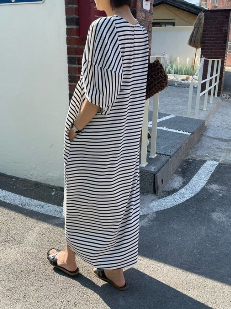 Casual Dresses Korejpaa Summer Elegant Dress Women Round Neck Striped Print Casual Dresses Female Short Puff Sleeve Korean Clothing 230509