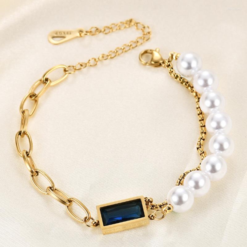 

Link Bracelets 316L Stainless Steel Baguette Blue Imitation Gemstone Pearl Bracelet Women's Fashion Trend High Jewelry Accessories