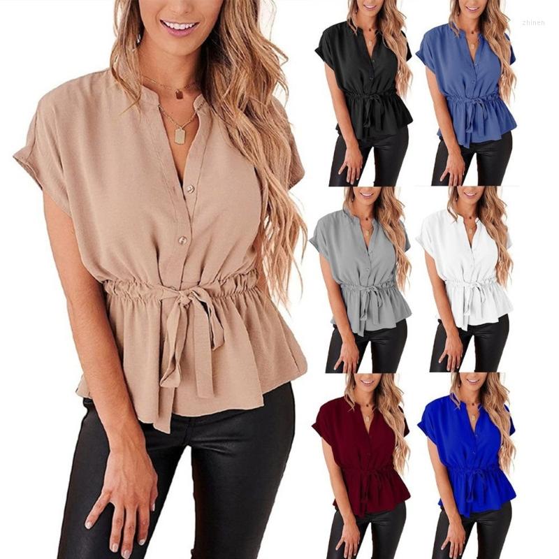 

Women's Blouses Women Button Down Shirt Summer Bat Short Sleeves Fashion Stand Collar Top Lady Chiffon Blouse Streetwear, Apricot