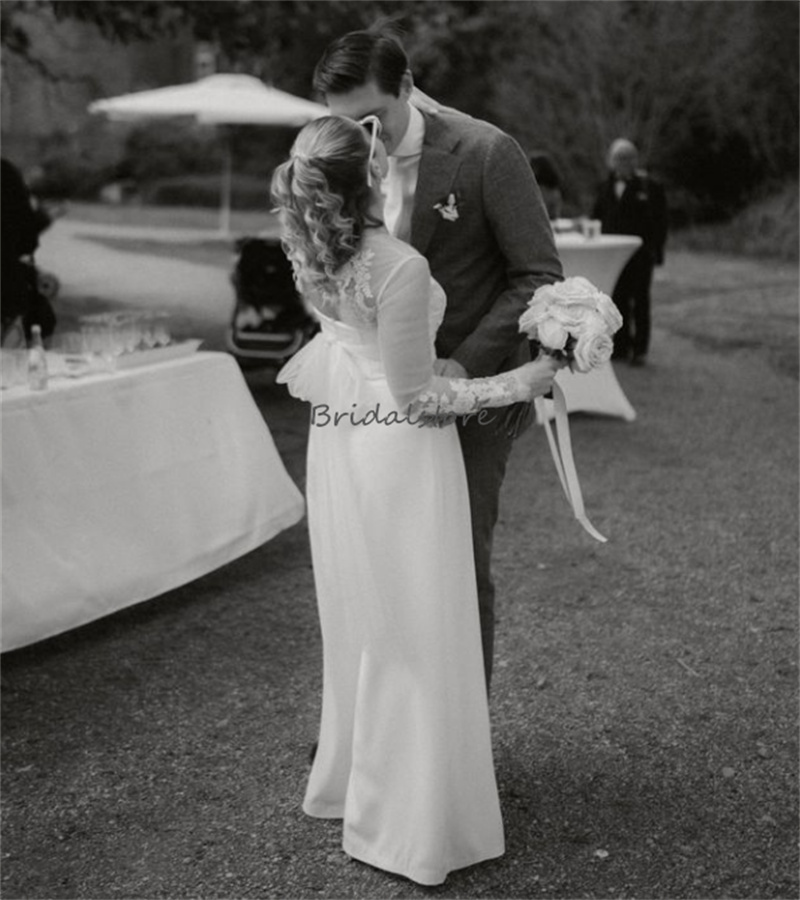 Korean Beach Jumpsuit Wedding Dress With Bow Modest Civil Boho Garden Bridal Dresses 2023 Long Sleeve Soft Satin Bohemain Bride vestidos de novia robe