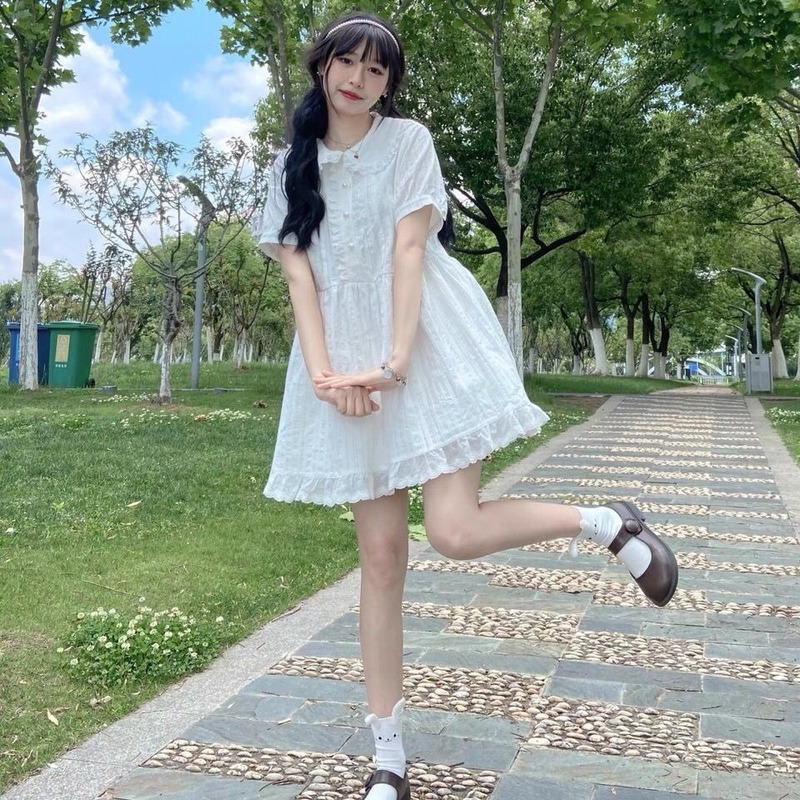 Casual Dresses QWEEK Kawaii White Lolita Dress Women Soft Girl Sweet Princess Ruffle Elegant Dresses Peter Pan Colalr Button Summer 230509