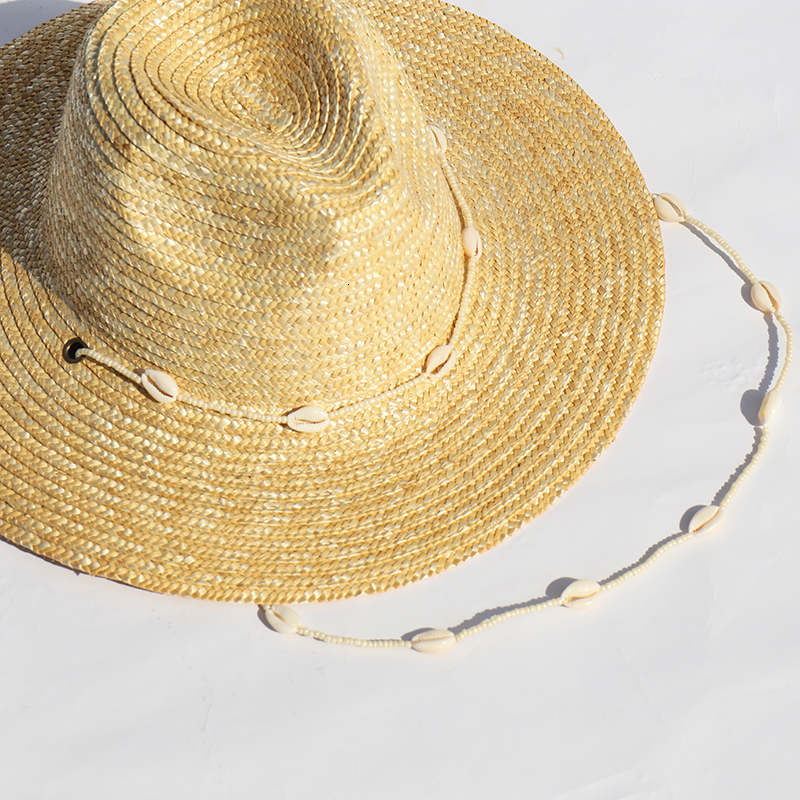 Stingy Brim Hats Seashells Beaded Beach With Chain For Women Fashion Straw Woven Fedora Sun Summer Holidaty Panama Hat 230508