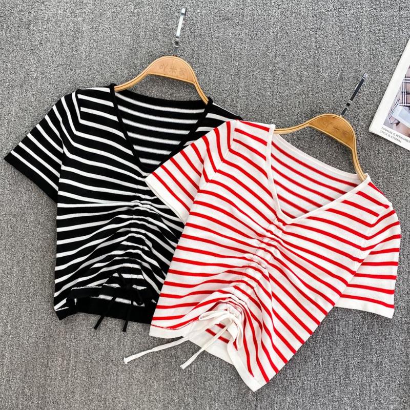 Women's T Shirts Summer Striped Women's Short Sleeve T-shirt Korean Style V-neck Drawstring Crop Top Simple All-match Slim Tees 2023, Black
Women's T Shirts Summer Striped Women's Short Sleeve T-shirt Korean Style V-neck Drawstring Crop Top Simple All-match Slim Tees 2023, Black
