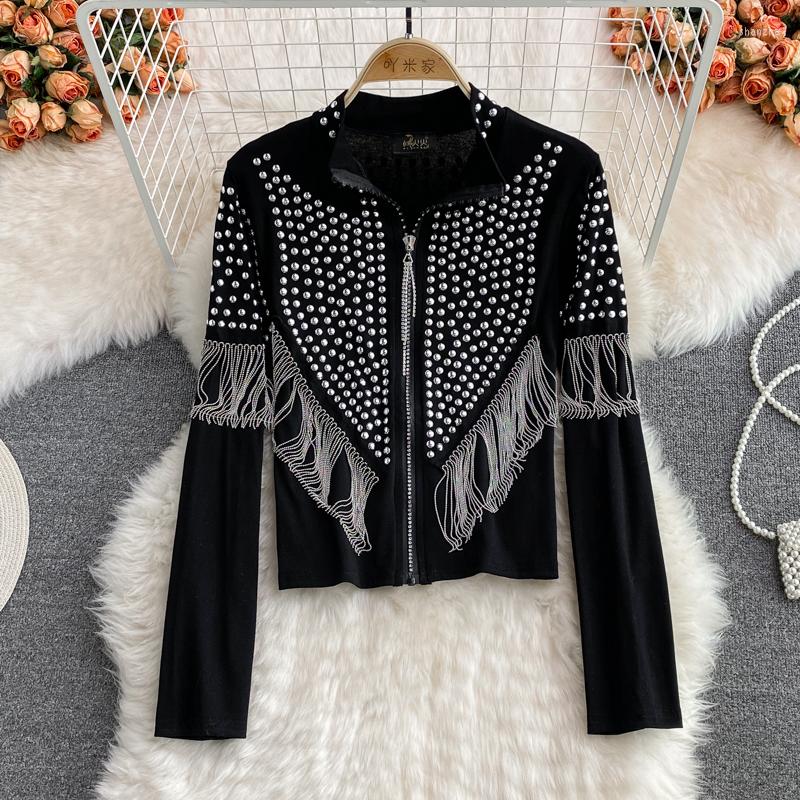 Women's T Shirts Women's Stand Collar Rivets Tassel Patchwork Punk Style Zipper Cardigan Tops T-shirt, Black
Women's T Shirts Women's Stand Collar Rivets Tassel Patchwork Punk Style Zipper Cardigan Tops T-shirt, Black
